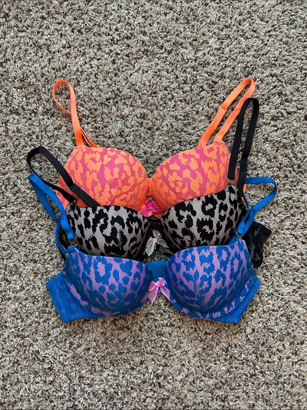 Victoria's Secret Leopard Push-Up Bra Trio - Orange, Black, Blue